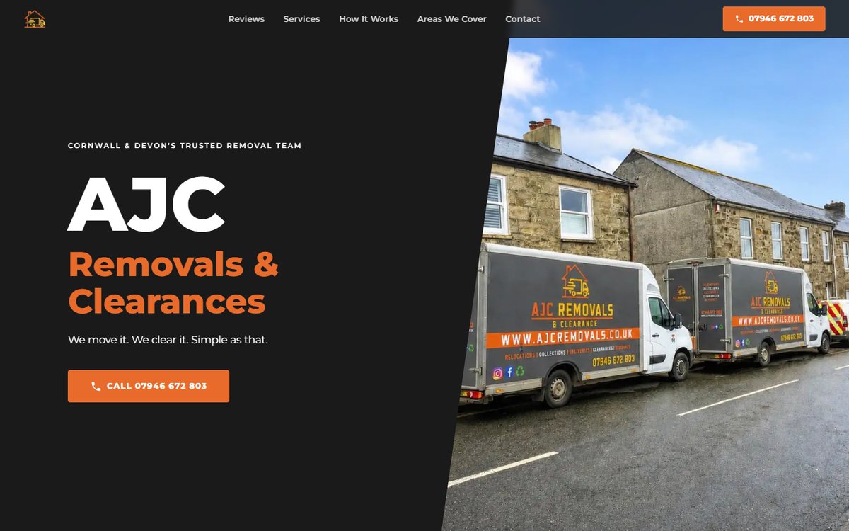 The AJC Removals website: removals and clearance services with an enquiry call to action