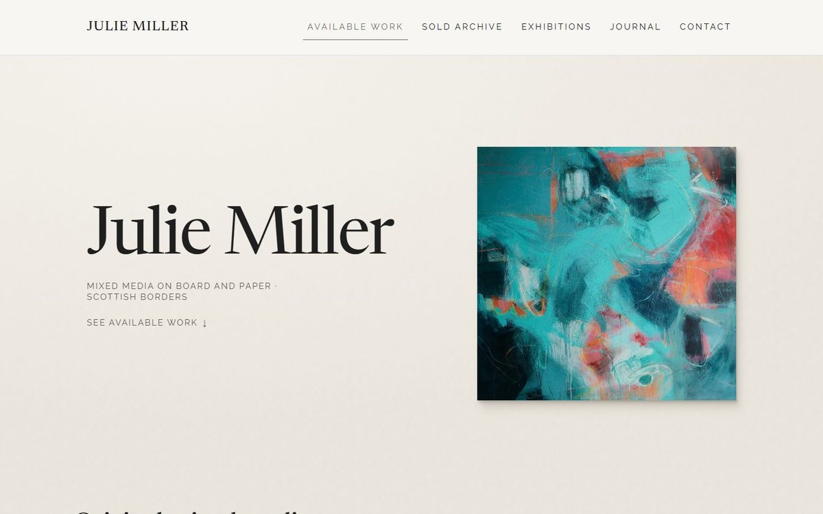 The Julie Miller Art home page: the artist's name in a large serif beside a turquoise and coral abstract painting