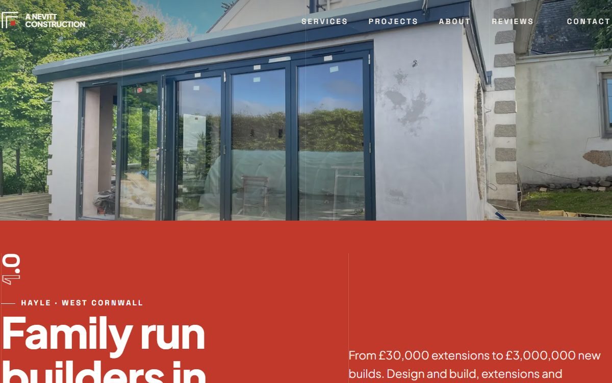 The A Nevitt Construction website: a finished extension photographed above a red panel reading Family run builders