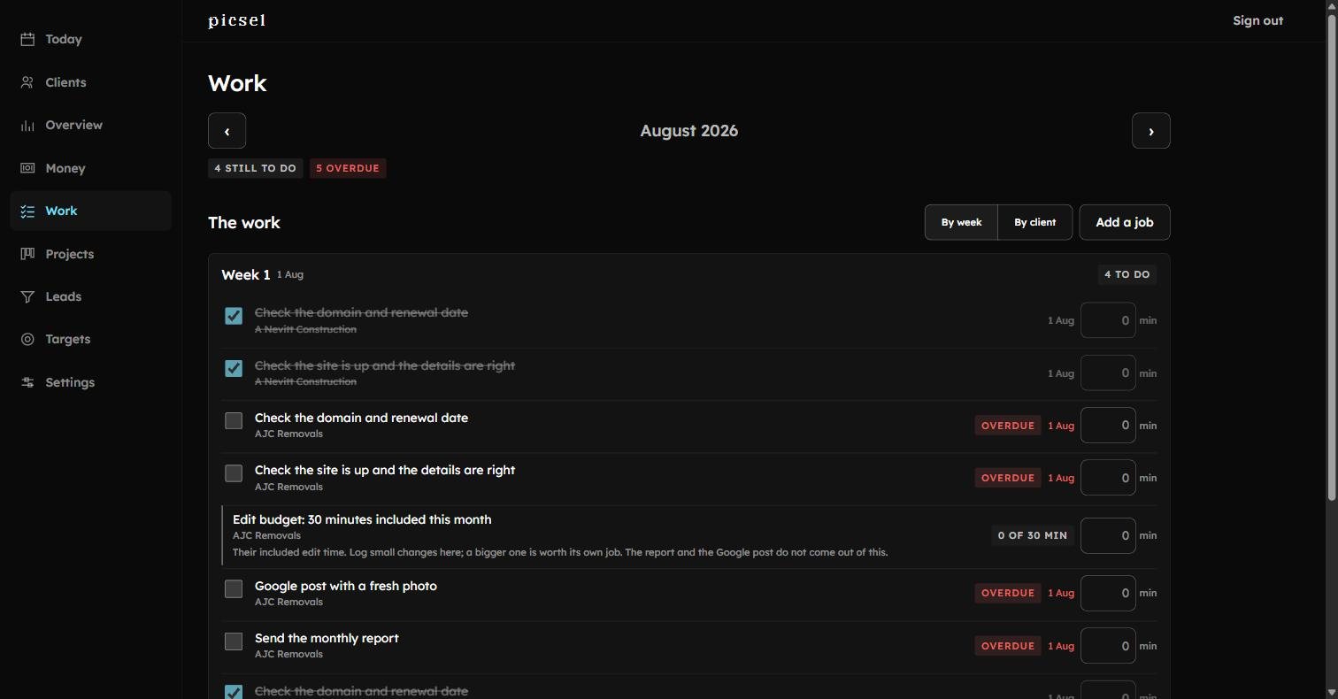 The HQ work screen for August 2026: care jobs grouped by week, each with a tick box, the client it belongs to, a due date and a minutes field