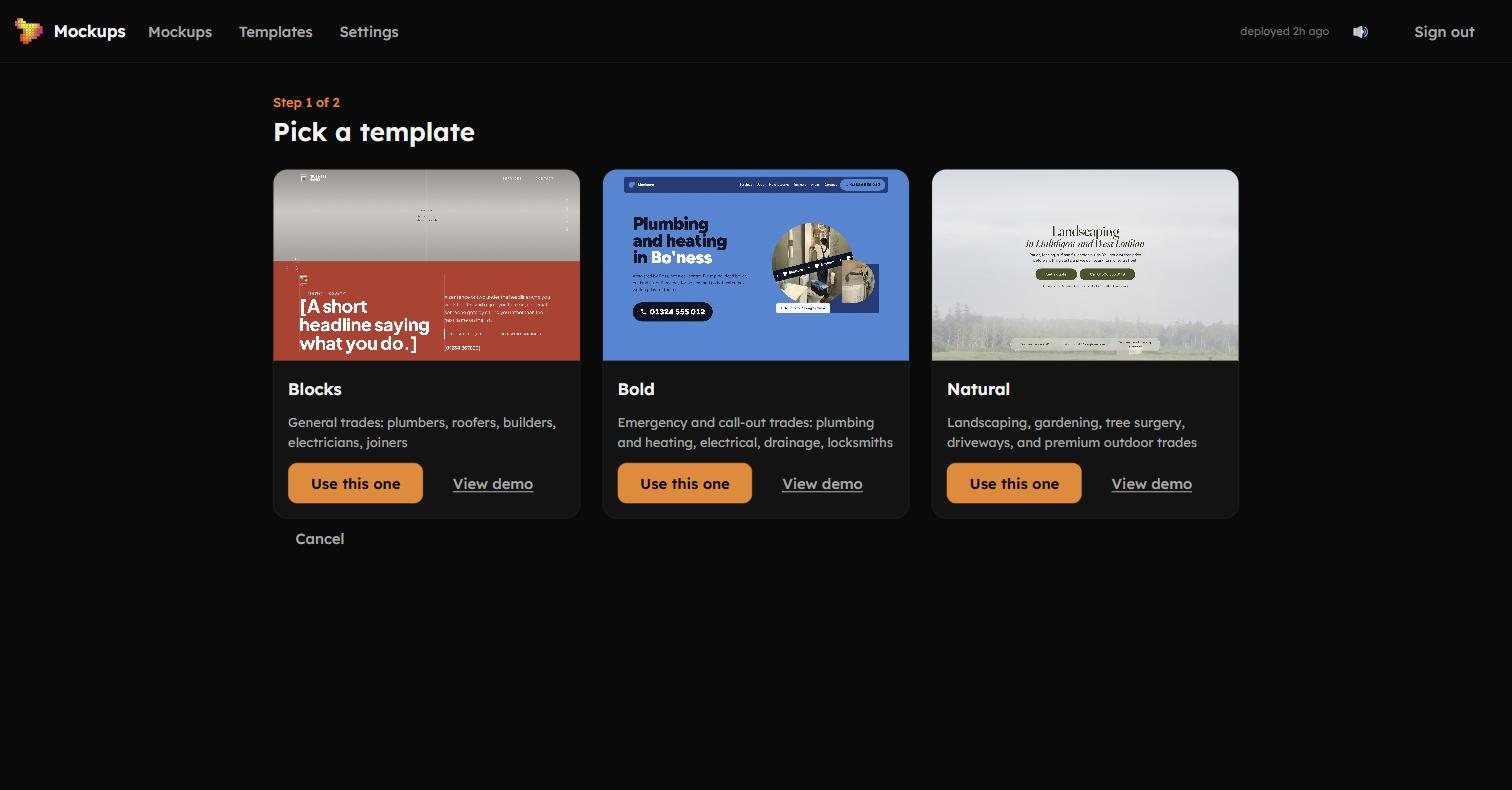 Step one of the mockup app: three templates called Blocks, Bold and Natural, each with a preview image, the trades it suits, a Use this one button and a View demo link