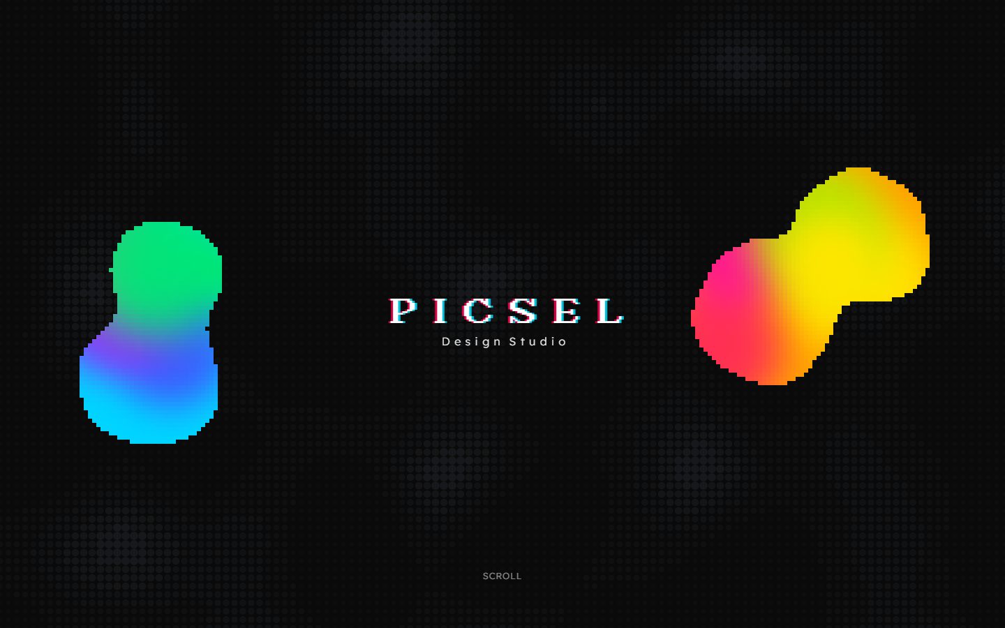 The picsel.co.uk home page: the Picsel wordmark centred on a dark halftone background between two gradient shapes