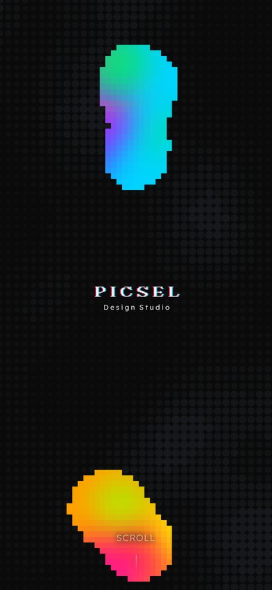 The picsel.co.uk home page on a phone: the Picsel wordmark stacked between two gradient shapes
