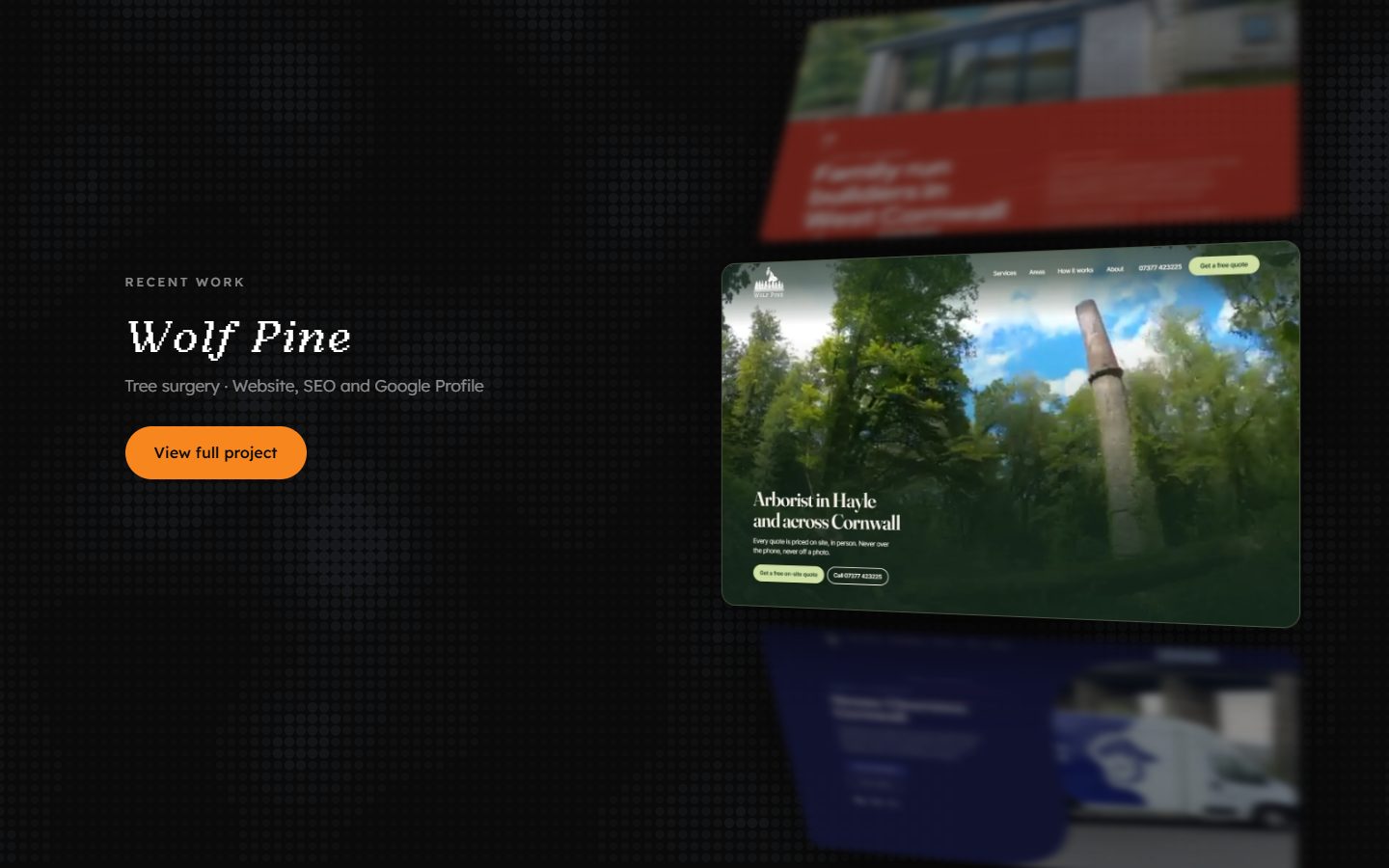 The finished Work ring mid-turn: the Wolf Pine project square to the viewer with a View full project button, the neighbouring projects tilted away and blurred