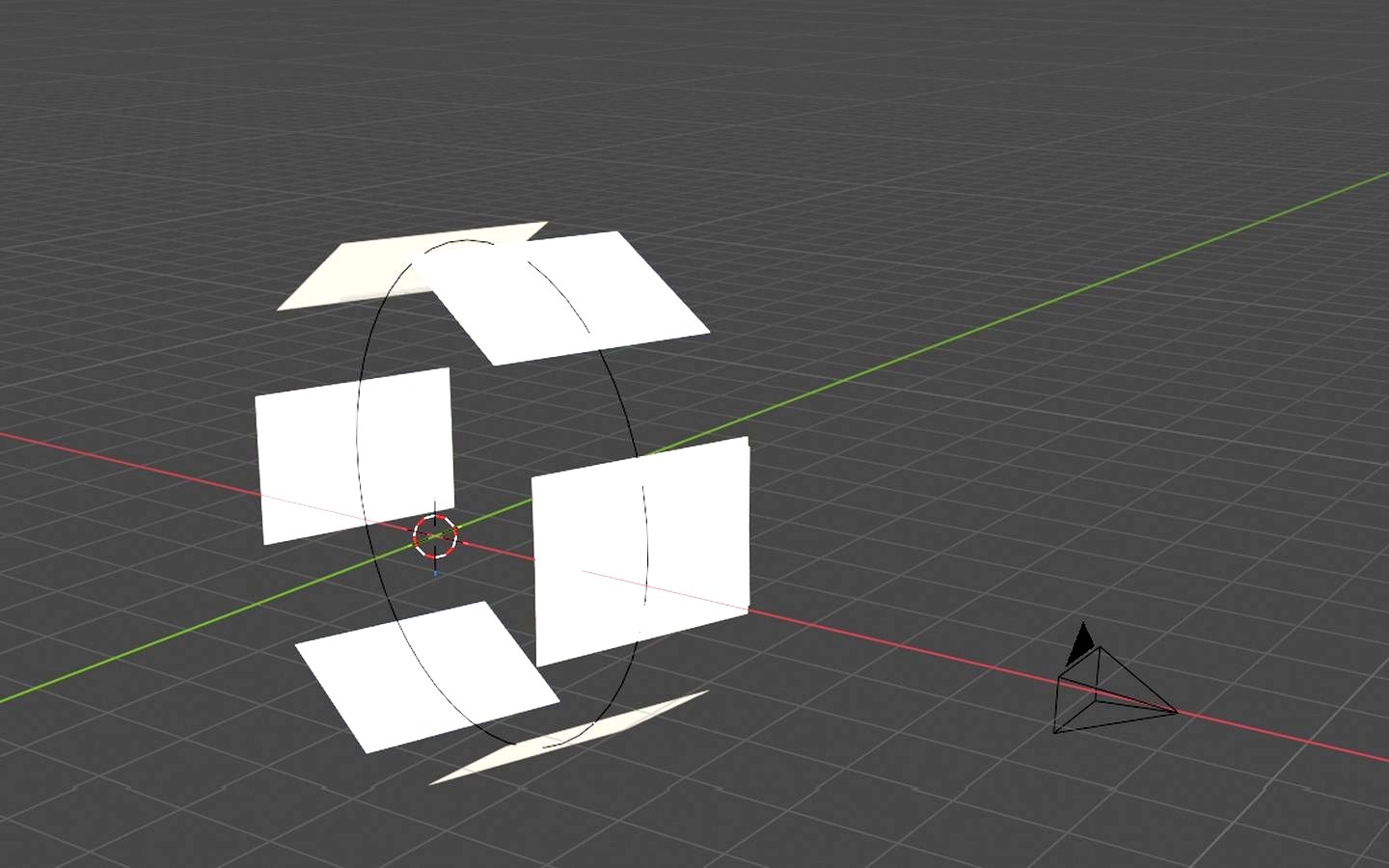 A Blender viewport: six flat panels arranged in a circle around a centre point, with the camera placed off to one side