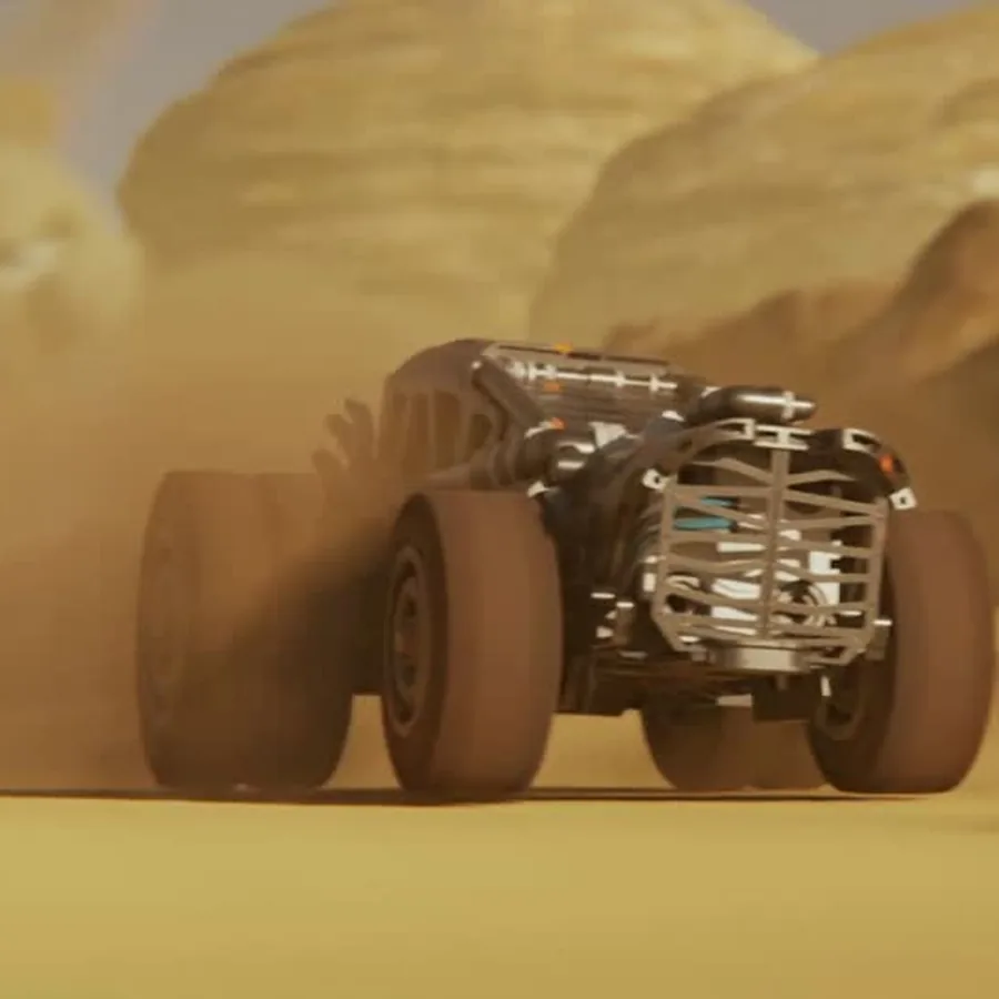 The Endless Engines car powering through the desert with the sand worm behind it