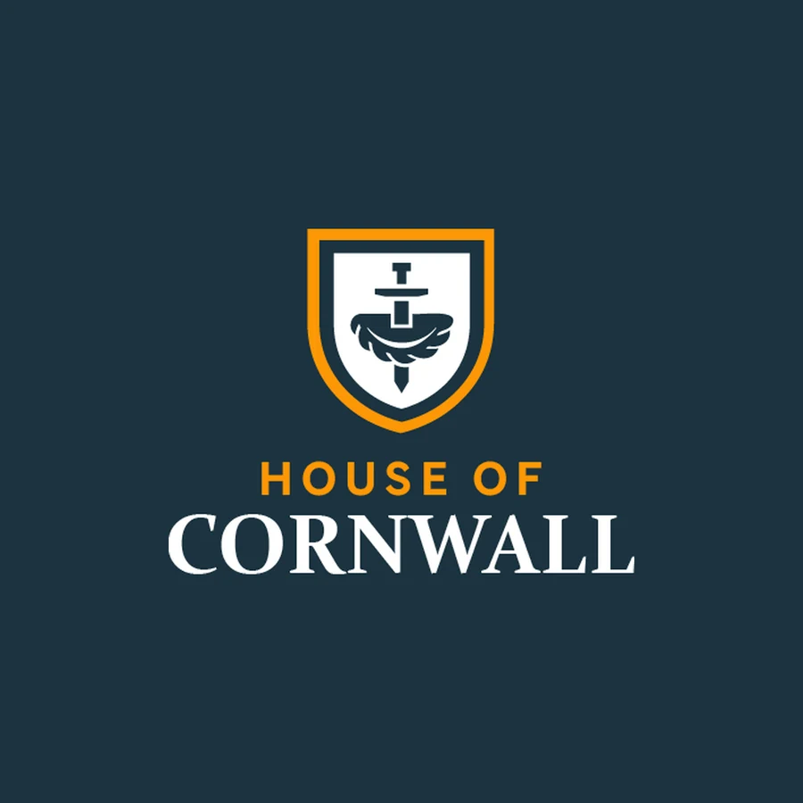 The House of Cornwall lockup: the gold-ringed crest above the wordmark, on navy